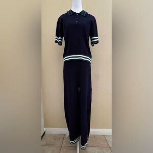 Caroline Constas Women's Knit Polo Shirt & Matching Pants Navy Size Large NWOT